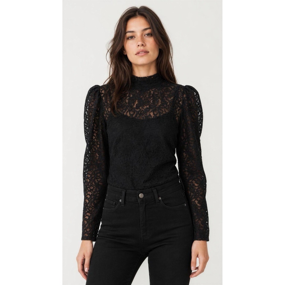 GAP Womens Fairy Grunge Whimsigoth Lace Black Sheer Mock Neck Blouse Small